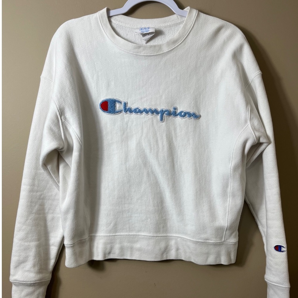 Champion‎ Reverse Weave White Chenille Logo Sweatshirt Medium Sporty Y2K Vibe - Picture 2 of 9